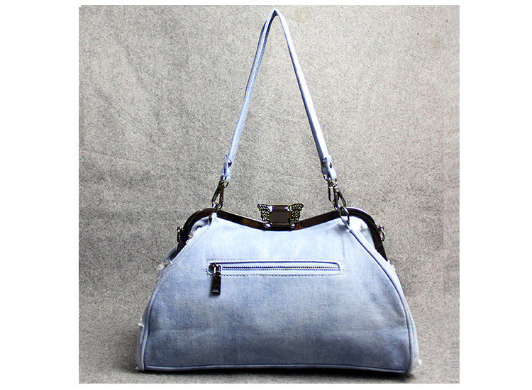 Light Blue Denim Butterfly Clip Diamond Crossbody Bag