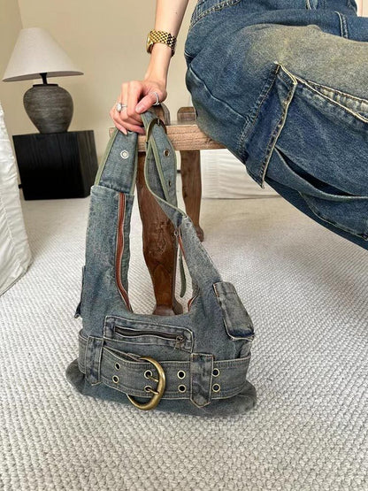 Sac à bandoulière en denim délavé vintage au design spécial