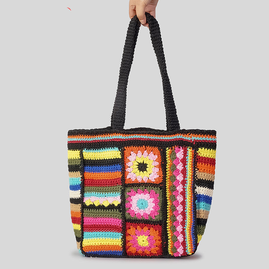 Bolso de lana tejido con flores vintage para mujer, estilo étnico, hecho a mano con crochet