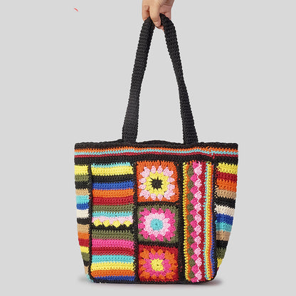 Bolso de lana tejido con flores vintage para mujer, estilo étnico, hecho a mano con crochet