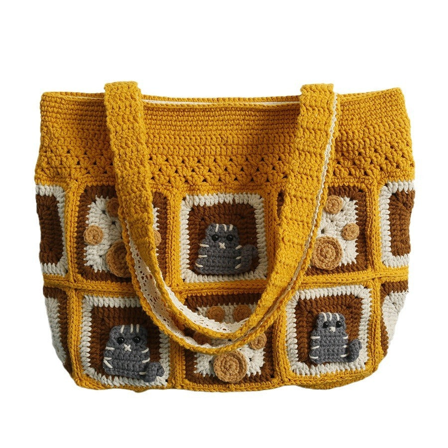 Sac à bandoulière carré en laine crocheté fait main en forme de chaton