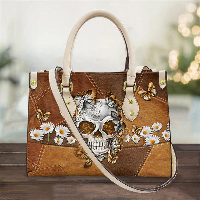 Sac à main en PU pour femme avec tête de mort noir et blanc, sac à bandoulière vintage tendance