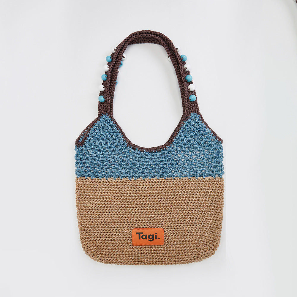 Handmade String Wooden Bead Portable Commuter's All-matching Contrast Color One Shoulder Woven Bag