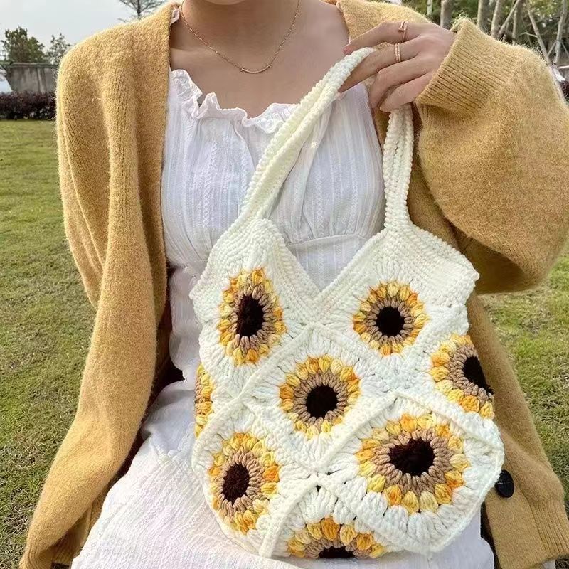 Sac tissé à la main en laine crocheté mignon tournesol depuis sac à bandoulière