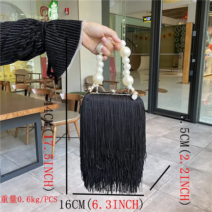 Tassel Small Square Bag Female Pearl Chain Handbag Dinner Bag High Quality Long Tassel Clutch Bag Black Evening Bag