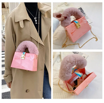 Faux Fur Top Handle Acrylic Party Box Clutch Fashion Purses and Handbags for Women Designer Evening Bag Chain Shoulder Bag