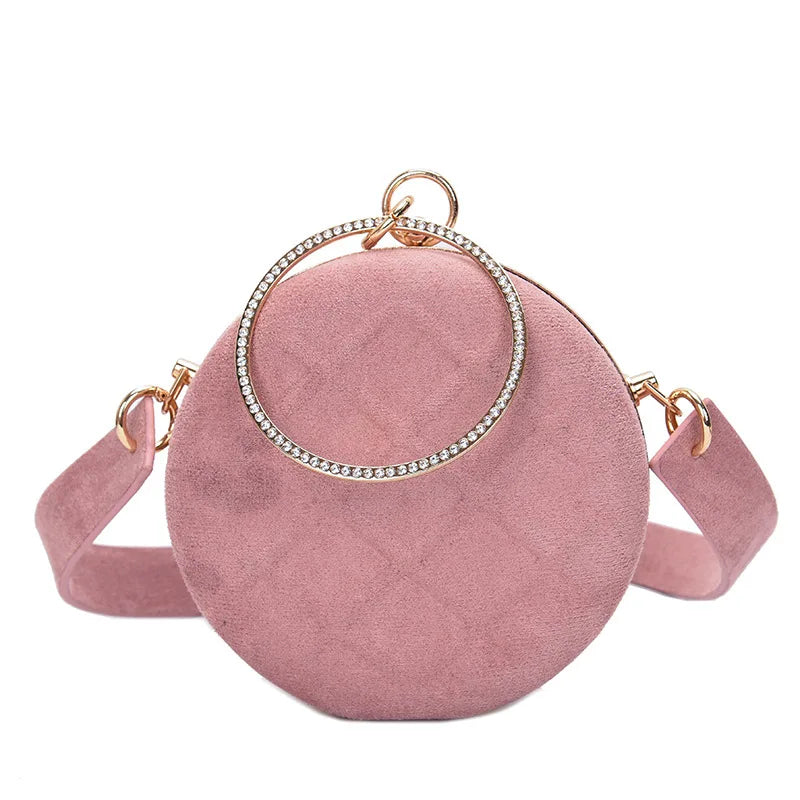 Bolso pequeño redondo para mujer con asa de anillo y diamantes, bolso de mano, bolso de mensajero pequeño para mujer, bolso de cena para fiesta