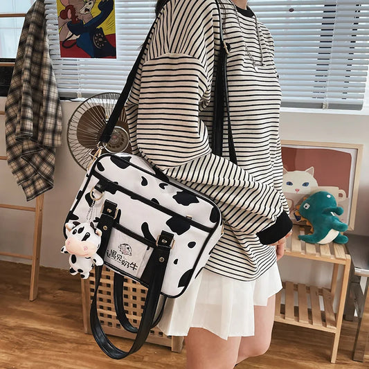 Bolso de hombro para estudiantes de secundaria japoneses, bolso JK, bolso de mano de cuero PU con estampado de vaca, bolso de mano, bolso de libros, bolso cruzado para mujer