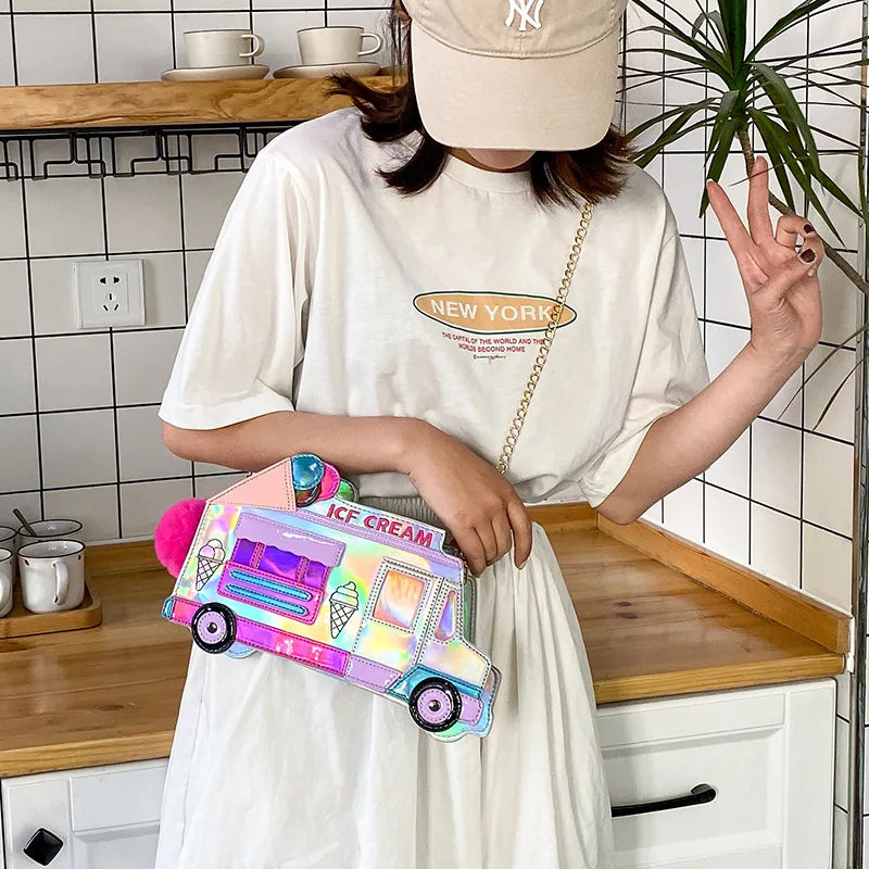 Ice Cream Car Messenger Bag Funny Personality Dazzling Color Laser Shoulder Bag Women Funny Messenger Bag Crossbody Chain Bag