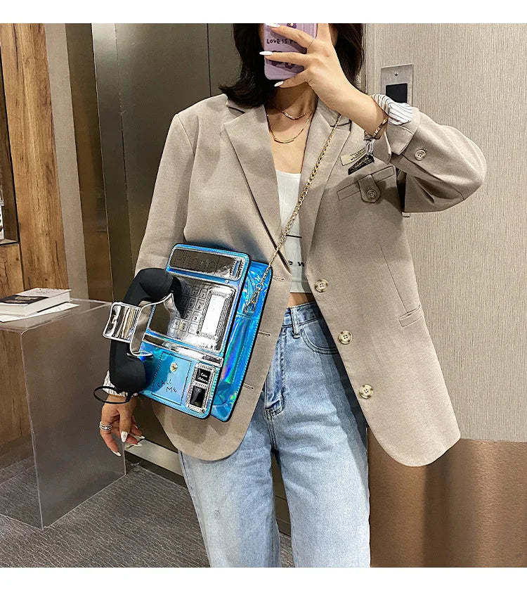 Bolso de hombro con forma de teléfono y diseño de láser reflectante para mujer, divertido bolso cruzado con cadena