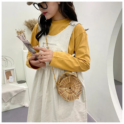 Fashion Round Beading Wooden Women Shoulder Crossbody Bags Rattan Handbags Bamboo Woven Summer Beach Straw Bag Small Bali Purses