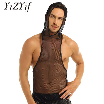 YiZYiF Mens Sexy Black Mesh See Through Clubwear Tank Vest Shirt T-Shirt  Fishnet Club Party wear free shipping