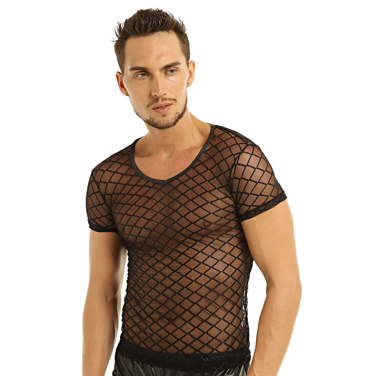 2022 Fashion Men Mesh T Shirt See Through Short Sleeve Slim Party Nightclub Wear Sexy T-shirts Top Thin Breathable Camiseta