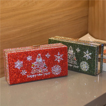 Bolsos de noche para regalo de Navidad, bolso de mano rojo con nieve y letras de Feliz Año Nuevo, bolso de mano para fiesta, boda, bolso de mano con diamantes de imitación