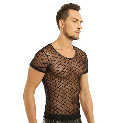 2022 Fashion Men Mesh T Shirt See Through Short Sleeve Slim Party Nightclub Wear Sexy T-shirts Top Thin Breathable Camiseta