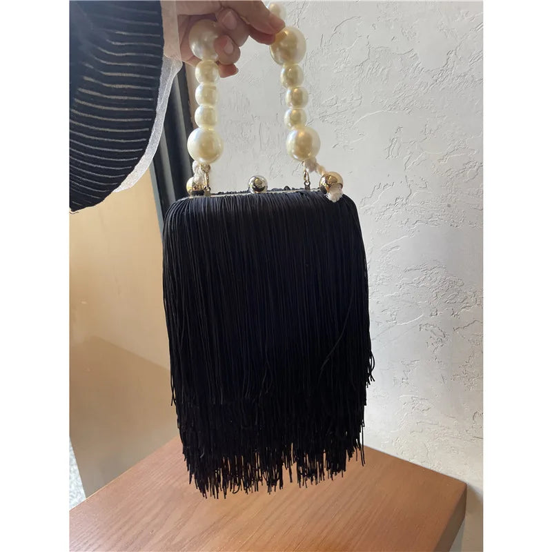 Tassel Small Square Bag Female Pearl Chain Handbag Dinner Bag High Quality Long Tassel Clutch Bag Black Evening Bag