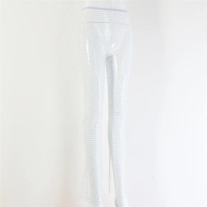 Fishnet Sexy Tunic Pants Women Long Bottoms Mesh Hollow Out Transparent Beach Club Party Crystal Rhinestones Diamonds Trousers