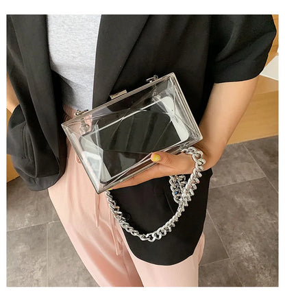 Bolso de mano transparente con forma de caja para mujer, de alta calidad, de acrílico, con cadena gruesa, de lujo, para fiesta, pequeño, cuadrado