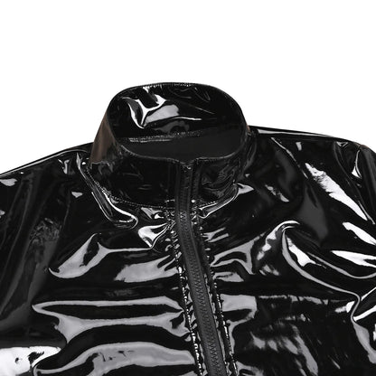 YiZYiF Men Shiny Metallic Front-Zip Stand Collar Tops Wet Look Sexy Patent Leather Nightclub Style Long Sleeve Tops For Men