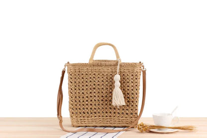 Bolsos de hombro de paja con asa de madera hueca a la moda, bolsos de mimbre tejidos de ratán para mujer, bolsos de playa de verano de gran capacidad, bolsos de viaje