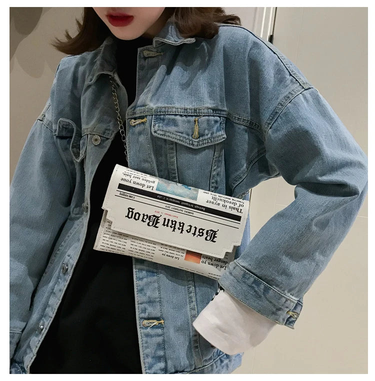 Creative Newspaper Design Chains Crossbody Bag for Women Funny Pu Leather Lady Shoulder Messenger Bags Cute Small Female Purses