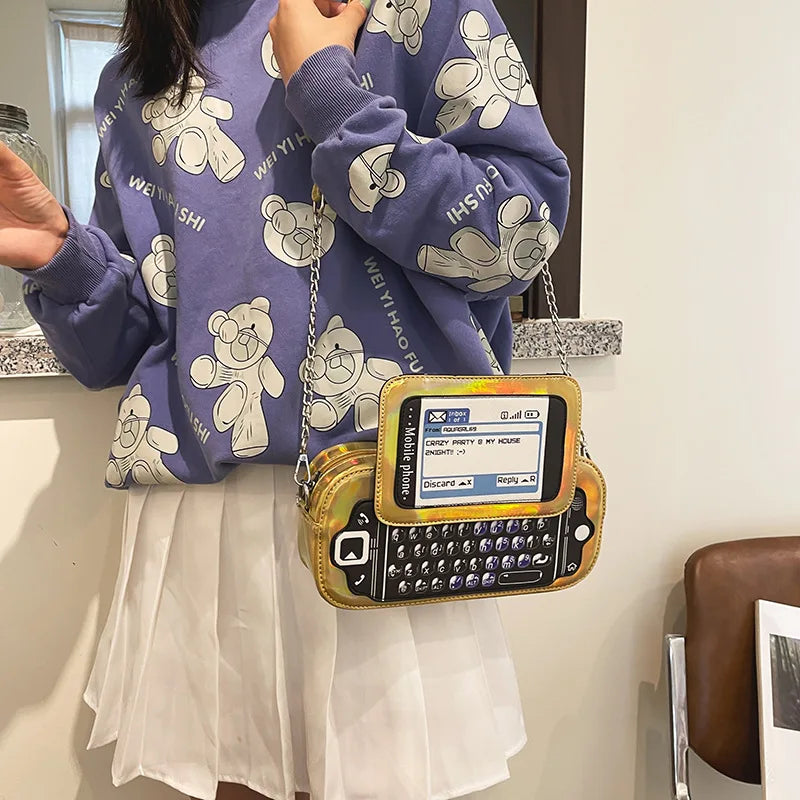 Sac à bandoulière en forme de téléphone portable avec chaîne laser, sacs à main et sacs à main réfléchissants à la mode, sac à bandoulière pour filles, pochette fantaisie