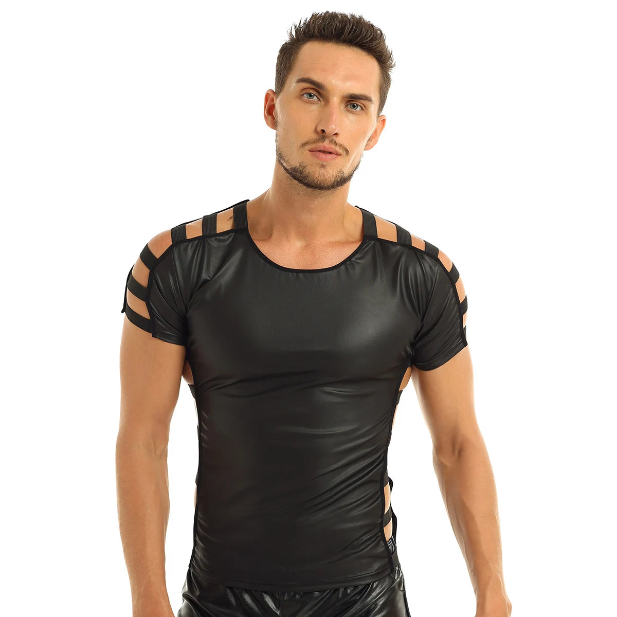 T-shirts Clubwear pour hommes, chemises en cuir verni effet mouillé, col rond, maille transparente, manches courtes, demi-fermeture éclair sur le devant