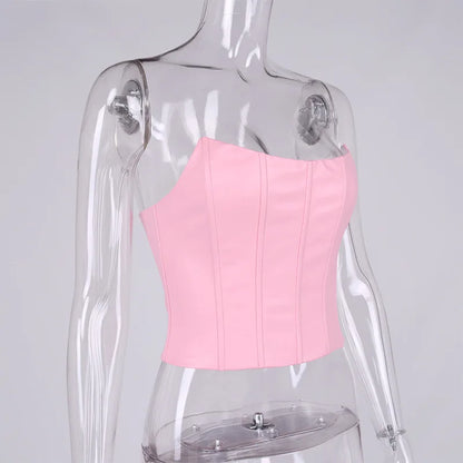 CLEARANCE SALE ! Summer Crop Top Women Fishbone Double Layer Pink  PU Leather Sexy Crop Top Fashion Lady Clubwear Party