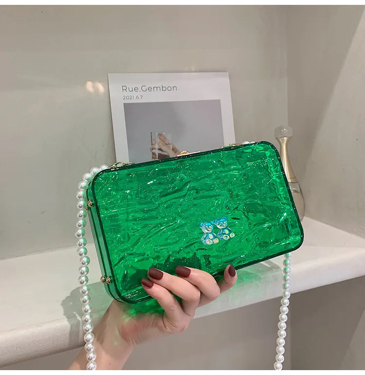 Transparent Acrylic Box Bag Fashion Crack Pattern Design Girl's Candy Color Chain Small Shoulder Bag Dinner Bag Clear Bag