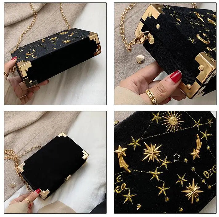 Metal Badge Box Shape Handbag Purse Women Black Chain Party Clutch Bag Kawaii Shoulder Bag Crossbody Messenger Bag