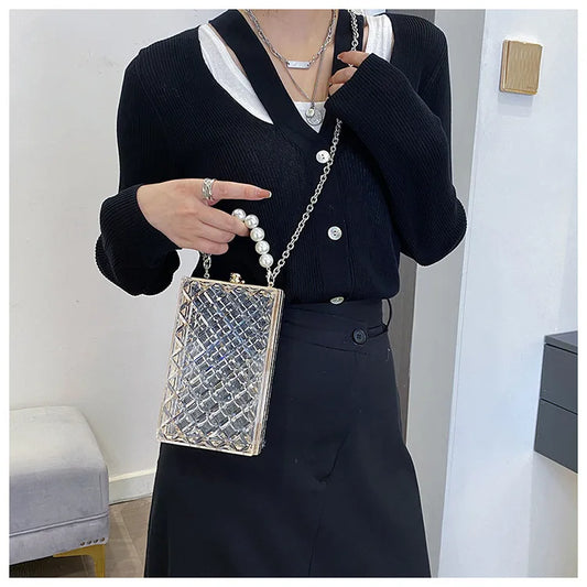 Acrylic Transparent Small Bag Female Fashion Mobile Phone Bag Lingge Chain Shoulder Bag Female Dinner Bag Party Bag