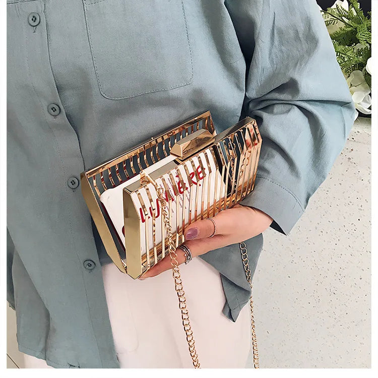 Unique Design Metal Hollow Fashion Women's Evening Clutch Bag Ladies Chain Shoulder Bag Crossbody Messenger Party Bag Frame