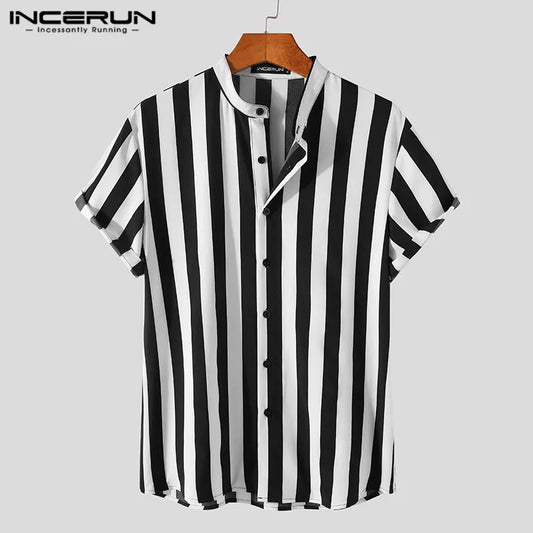 Camisa a rayas para hombre 2023, camisa informal de manga corta con cuello levantado y botones, moda de ocio para hombre, INCERUN S-5XL