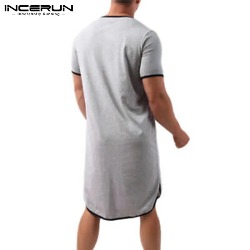 Fashion Men's Loose Sleepwear Casual Solid Nightgown INCERUN Patchwork Sleep Robes Short Sleeve V-Neck Homewear Robes S-5XL 2024