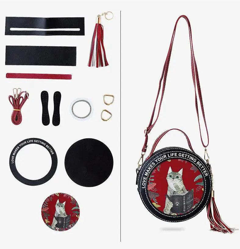 Ensemble de matériel pour sac à bandoulière rond en PU pour chat et chaton pour sac de téléphone pour femme, sac à main à faire soi-même, couture