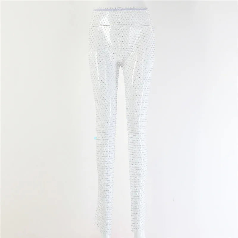 Fishnet Sexy Tunic Pants Women Long Bottoms Mesh Hollow Out Transparent Beach Club Party Crystal Rhinestones Diamonds Trousers