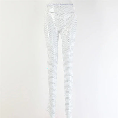 Fishnet Sexy Tunic Pants Women Long Bottoms Mesh Hollow Out Transparent Beach Club Party Crystal Rhinestones Diamonds Trousers