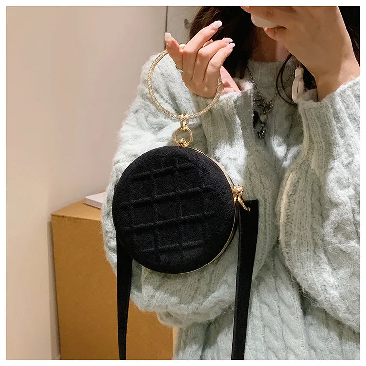 Bolso pequeño redondo para mujer con asa de anillo y diamantes, bolso de mano, bolso de mensajero pequeño para mujer, bolso de cena para fiesta