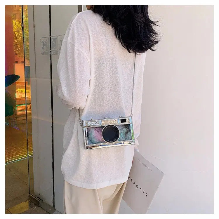 Personalized fashion vintage camera design unique shape clutch shoulder bag ladies casual mini transparent messenger bag purse