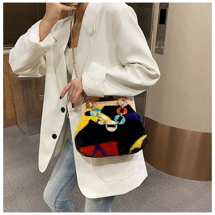 Bolso de mensajero de felpa con clip de madera, bolso de noche, cadena acrílica de moda, bolso de lujo para mujer, bolso de fiesta para banquete, bolso de hombro