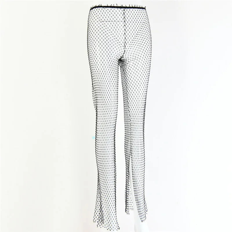 Fishnet Sexy Tunic Pants Women Long Bottoms Mesh Hollow Out Transparent Beach Club Party Crystal Rhinestones Diamonds Trousers