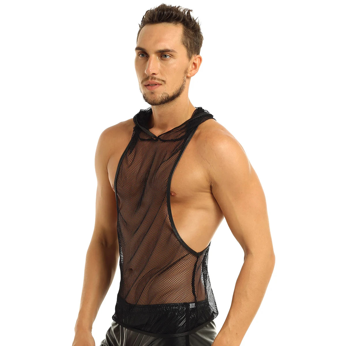 YiZYiF Mens Sexy Black Mesh See Through Clubwear Tank Vest Shirt T-Shirt  Fishnet Club Party wear free shipping