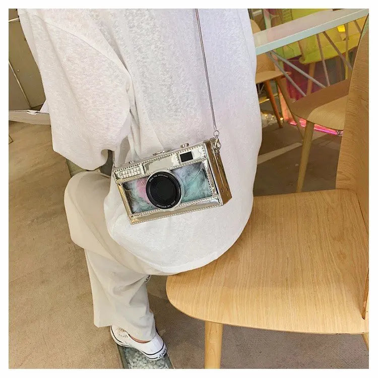 Personalized fashion vintage camera design unique shape clutch shoulder bag ladies casual mini transparent messenger bag purse