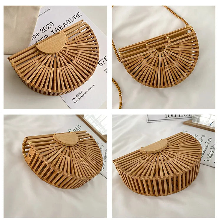 Bolso bandolera de madera con forma de media luna para mujer, de moda, tejido de bambú, para playa, de verano, de paja, pequeño bolso de ratán para teléfono