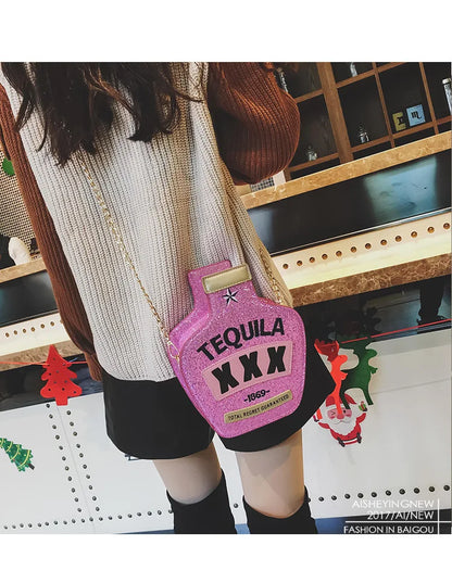 Bolso de hombro con cadena y forma de jarrón con letras bordadas con lentejuelas, divertido y a la moda, para mujer, tipo bandolera