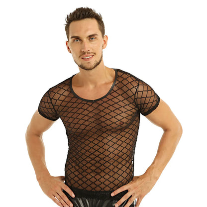 2022 Fashion Men Mesh T Shirt See Through Short Sleeve Slim Party Nightclub Wear Sexy T-shirts Top Thin Breathable Camiseta