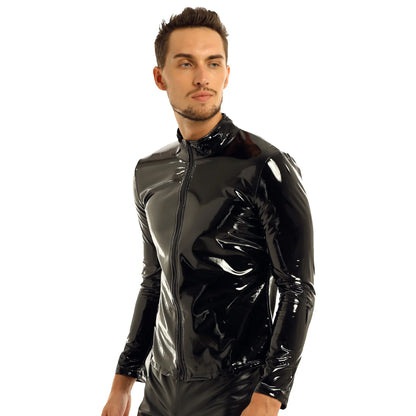 YiZYiF Men Shiny Metallic Front-Zip Stand Collar Tops Wet Look Sexy Patent Leather Nightclub Style Long Sleeve Tops For Men