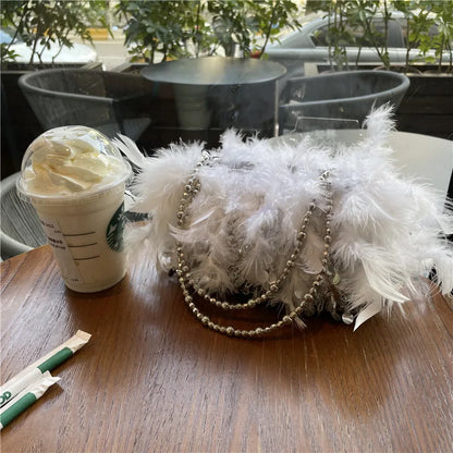 Fashion Pearl Beading Women Handbag Ladies Clutch Party Evening Bags Real Feathers Chain Shoulder Bag Princess Crossbody Bags