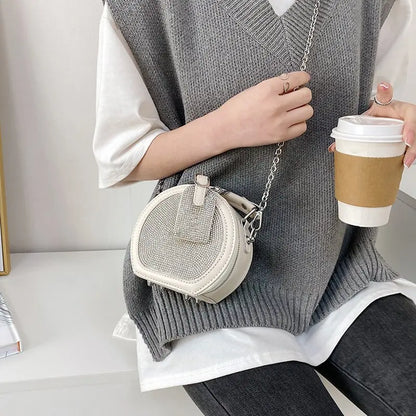 Diamond Mini  Round Shoulder Bag Female Fashion Chain Messenger Bag Black Dinner Bag Small Round