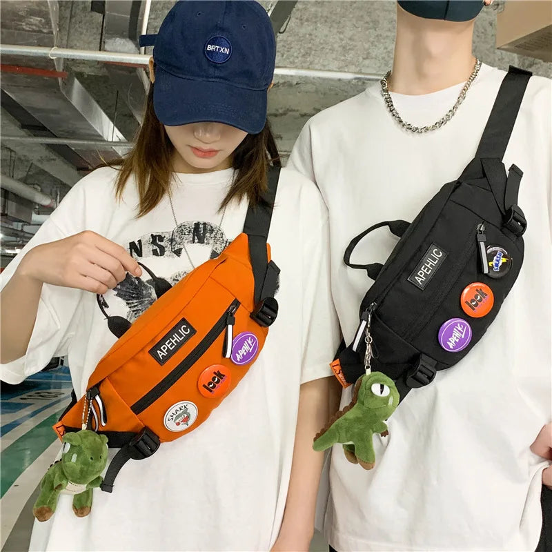 Japanese Harajuku Mens Chest Bag Nylon Cool Letter Bag Man Waist Bag Purses Crossbody Bags For Men Bolso De Hombre Sling Bag